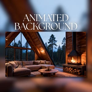 May include: An interior scene with the text "ANIMATED BACKGROUND" above a cozy living room. A large sectional sofa, a round coffee table, and a fireplace with a roaring fire are visible. Large windows offer a view of a forest.