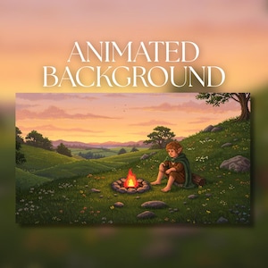 Puede incluir: Imagen de fondo animada con un personaje parecido a un hobbit sentado cerca de una fogata en un campo de hierba. El texto "ANIMATED BACKGROUND" se muestra en la parte superior. La escena está ambientada al atardecer, con colinas y árboles.