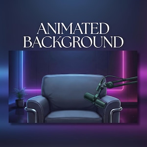 Pode incluir: Um fundo animado com uma poltrona azul-escura centralizada em uma sala com iluminação neon roxa e azul. Um microfone preto em um braço articulado estende-se da direita. O texto ANIMATED BACKGROUND é exibido em branco.
