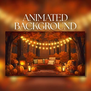Fondo animado / Acogedor porche otoñal con calabazas, guirnaldas de luces y chimenea / Ambiente otoñal / Descarga digital MP4 / AB594