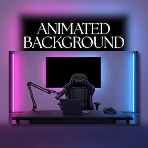 May include: An animated background featuring a gaming setup with a black desk, a black gaming chair, a laptop, a microphone on an adjustable arm, and headphones. The room is illuminated by pink and blue vertical light bars. Text reads ANIMATED BACKGROUND.