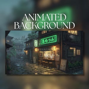 May include: An animated digital illustration of a rainy Japanese street scene at night, featuring a small ramen shop with a glowing green neon sign, wooden stools, paper lanterns, and stone-paved ground with puddles under a dark, moody sky.
