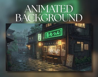 Puede incluir: Una ilustración digital animada de una calle japonesa lluviosa por la noche, con un pequeño restaurante de ramen con un letrero de neón verde brillante, taburetes de madera, linternas de papel y suelo empedrado con charcos bajo un cielo oscuro.