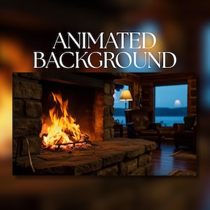 Könnte beinhalten: Ein gemütlicher Kamin mit einem lodernden Feuer. Die Flammen sind orange und gelb, vor einem Steinkamin und Mauerwerk. Der Text "ANIMATED BACKGROUND" ist in Weiß dargestellt. Der Hintergrund zeigt einen Raum mit Blick auf einen See.