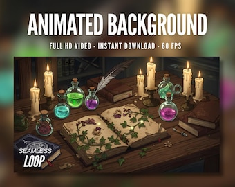 Animated Background | Witch’s Potion Table with Spellbook, Candles & Glowing Bottles | MP4 Digital Download for Streaming | AB786