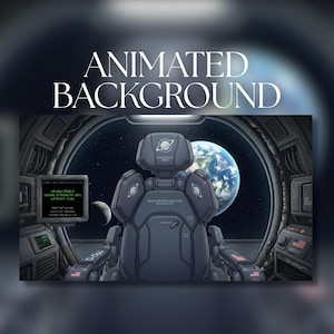 Könnte beinhalten: Animierter Hintergrund eines Raumschiff-Innenraums mit Blick auf die Erde und den Mond. Das Bild zeigt einen Pilotensitz, Bedienfelder und den Text "ANIMATED BACKGROUND". Die Szene spielt im Weltraum.