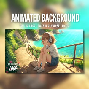 Sfondo animato / Ragazza sulle scale della spiaggia con cuffie e vista sull'oceano / Atmosfera estiva rilassante / Streaming / Vtuber / Sfondo animato / AB178
