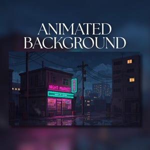 以下が含まれることがあります： 夜の雨の街角を描いたデジタルイラスト。NIGHT MARKETとMARTと書かれたネオンサインが光る角の店が特徴です。暗い建物、電線、濡れた路面に映る反射がピクセルアートスタイルで表現されています。