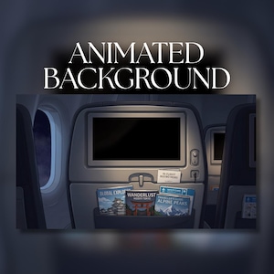Puede incluir: Una ilustración digital animada del respaldo de un asiento de avión con una pantalla central, una mesa plegable y un bolsillo que contiene folletos titulados Global Explorer, Wanderlust Hidden Tokyo, Traveller's Guide Alpine Peaks e In-Flight Bistro Menu.