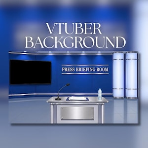 May include: A digital press briefing room background featuring a blue wall with the text VTUBER BACKGROUND and PRESS BRIEFING ROOM. The scene includes a silver podium with a microphone, a blank black screen, and two illuminated vertical pillars.
