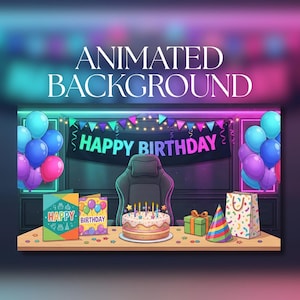 Op de afbeelding: Een digitale illustratie van een gaming-opstelling met een zwarte stoel, een verjaardagstaart met brandende kaarsjes, cadeautjes, een feesthoedje en wenskaarten. Een banner toont HAPPY BIRTHDAY, omringd door kleurrijke ballonnen en lichtjes.