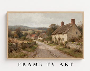 May include: A landscape painting depicting a rural scene with stone cottages, a dirt path winding through the countryside, and stone walls under a cloudy sky. The artwork features muted earth tones, including beige, brown, and soft green hues.
