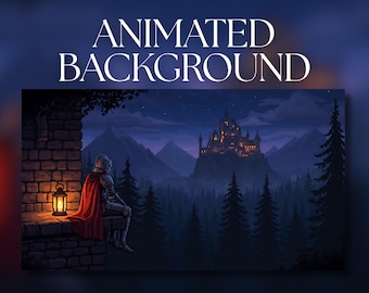 May include: An animated background featuring a knight in silver armor and a red cape sitting on a stone wall next to a glowing lantern. The scene depicts a dark forest, distant mountains, and a lit castle under a starry night sky with text.