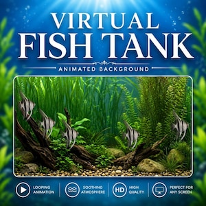 May include: A digital graphic titled VIRTUAL FISH TANK ANIMATED BACKGROUND featuring a central rectangular window showing an underwater scene with green aquatic plants, dark driftwood, rocks, and five striped angelfish swimming in water.