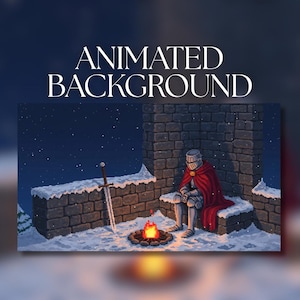 May include: Pixel art illustration of a knight in silver armour and a red cape sitting by a campfire in a snowy landscape. A sword is planted in the snow. The text "ANIMATED BACKGROUND" is at the top.