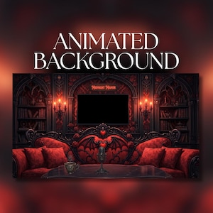 Op de afbeelding: Een geanimeerde achtergrond met een donkere kamer met rode accenten, een zwarte bank met vleermuisvleugelmotieven, een centraal scherm, boekenplanken en wandkandelaars. De tekst "ANIMATED BACKGROUND" en "MIDNIGHT MANOR" is zichtbaar in de afbeelding.