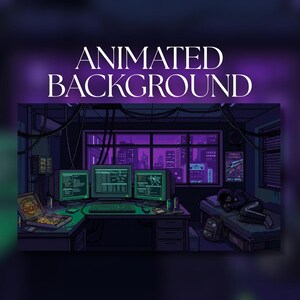 May include: A pixel art digital illustration titled ANIMATED BACKGROUND featuring a dark room with three computer monitors displaying green code, a desk with a pizza box, and a person sleeping on a bed. A window shows a purple city skyline.
