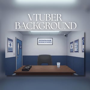 May include: A digital background for a VTuber, depicting an interview room. The scene includes a wooden desk with a recorder and a cup, a black chair, and a sign that reads "Interview Room Recording in Progress."