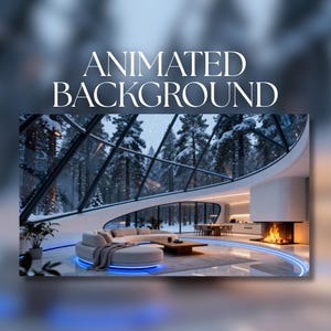 Puede incluir: Concepto de diseño de interiores con el texto "ANIMATED BACKGROUND" en blanco. La imagen muestra un espacio de vida moderno con un sofá curvo, chimenea y grandes ventanales con vistas a un bosque nevado. Una luz de neón azul perfila el suelo.
