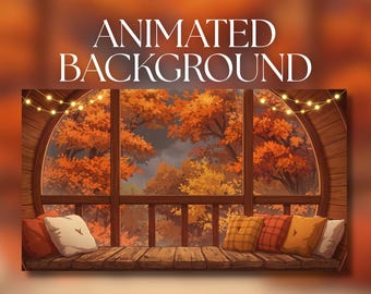 May include: An animated background featuring a wooden balcony with a large circular window overlooking an autumn forest with orange and yellow trees. String lights hang above the window, and several square pillows are arranged on the wooden floor.