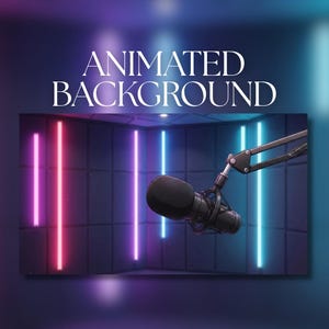 Peut inclure: Un microphone noir sur un bras articulé devant un mur de studio sombre avec des bandes lumineuses néon verticales roses et bleues. Le texte ANIMATED BACKGROUND est affiché en lettres capitales blanches en haut de l'image.