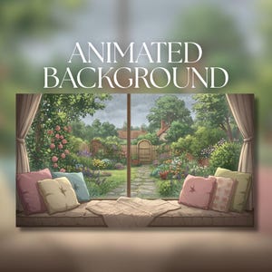Puede incluir: Un fondo animado que muestra una vista desde una ventana hacia un jardín exuberante con un camino de piedra, una puerta de madera y flores. Un asiento junto a la ventana con cojines beige, rosas y azules y una manta de punto doblada.