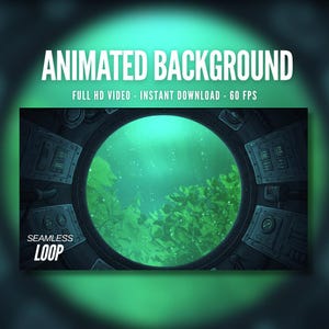 Puede incluir: Un fondo animado con el texto "ANIMATED BACKGROUND" en blanco. La imagen muestra una vista a través de una ventana circular, con follaje verde y un cielo brillante de color verde azulado. También se ven las palabras "FULL HD VIDEO - INSTANT DOWNLOAD - 60 FPS".
