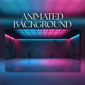 Op de afbeelding: Een interieurscène met de witte tekst "ANIMATED BACKGROUND". De kamer wordt verlicht met blauwe en roze neonlichten, wat een futuristische en levendige sfeer creëert. De vloer is betegeld en het plafond heeft een raster van lichten.