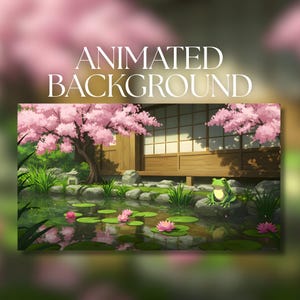 Könnte beinhalten: Ein animierter Hintergrund mit einer ruhigen japanischen Gartenszene. Ein Teich mit Seerosen und rosa Lotusblumen im Vordergrund. Ein grüner Frosch sitzt auf einem Felsen. Kirschblütenbäume umrahmen ein traditionelles Holzhaus. Der Text "ANIMATED BACKGROUND" steht oben.