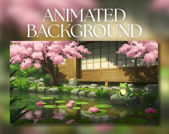 Op de afbeelding: Een geanimeerde achtergrond met een serene Japanse tuin. Een vijver met waterlelies en roze lotusbloemen op de voorgrond. Een groene kikker zit op een rots. Kersenbloesem bomen omlijsten een traditioneel houten huis. De tekst "ANIMATED BACKGROUND" staat bovenaan.