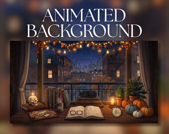 Animated Background | Halloween Study Window Desk | Cozy Spooky City Night View | MP4 Digital Download | AB851