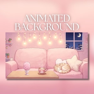 Pode incluir: Um fundo animado com um quarto rosa, um sofá, uma mesa de madeira, um microfone, uma caneca em forma de gato e um gato a dormir. O texto ANIMATED BACKGROUND aparece no topo. Luzes em forma de coração pendem sobre o sofá.