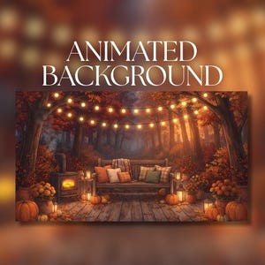 Animated Background | Cozy Autumn Forest | Pumpkin Patio with Bench and Wood Stove | MP4 Digital Download | AB594