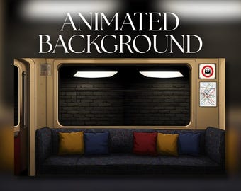 Può includere: Immagine di sfondo animata di un interno di una carrozza della metropolitana. La scena presenta un muro di mattoni scuri visibile attraverso una grande finestra, un divano blu scuro con cuscini colorati e il testo "ANIMATED BACKGROUND" in bianco.