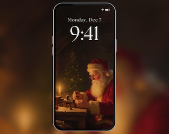 Phone Wallpaper | Vintage Santa Making Christmas Toys | Cozy Christmas Workshop | Oil Painting | Digital Download | PW5