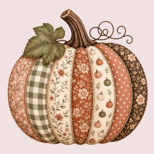May include: A decorative pumpkin ornament featuring vertical fabric panels with varied patterns including green gingham, floral prints, and polka dots in shades of brown, orange, and cream. It has a brown stem and a single green fabric leaf.