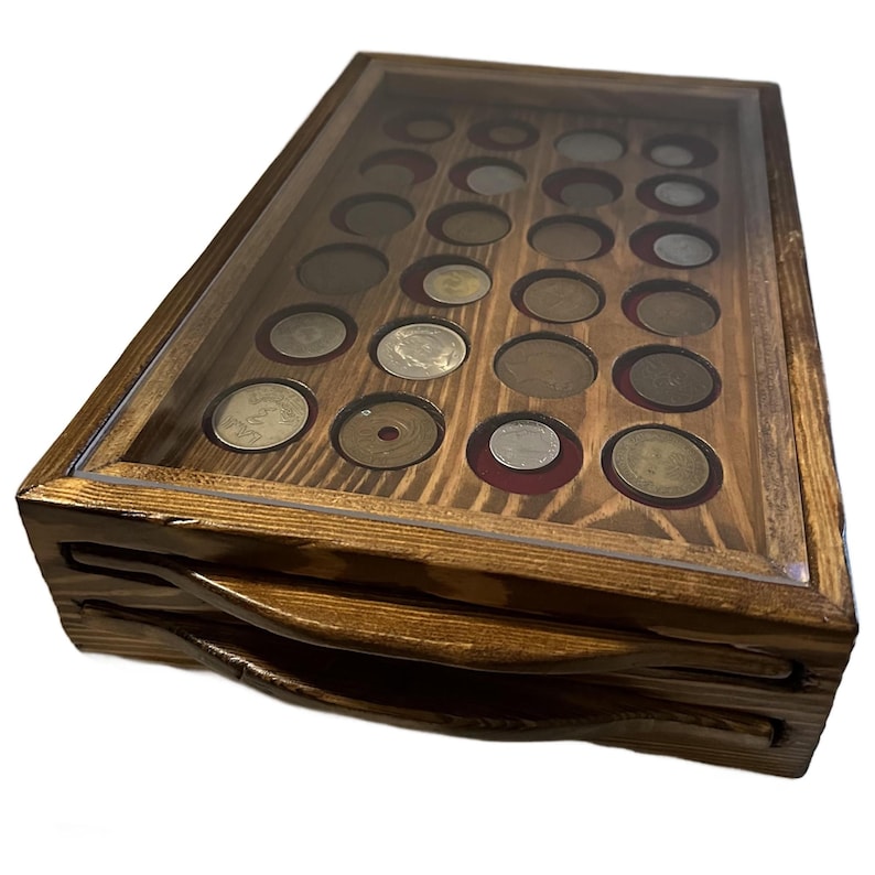 Handcrafted Wooden Coin Display Box – Double Drawer, Fits Coins up to ...