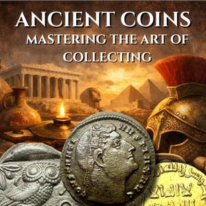Puede incluir: Imagen de monedas antiguas con el texto "ANCIENT COINS MASTERING THE ART OF COLLECTING." La imagen presenta una colección de monedas, un casco romano y un fondo de arquitectura antigua y pirámides.