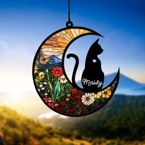 Custom Cat Memorial Suncatcher, Engraved Cat Lovers, Couple Cat On Moon Loss of Pet Sympathy Gift, Gift for Cat Lovers, Cat Memorial Gift