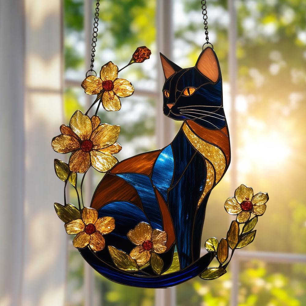 Black Cat & Flower ACRYLIC Suncatcher, Faux Stained Glass Window Hangings, Cat Art Decor, Perfect Birthday Gift for Cat Lovers, Home Decor