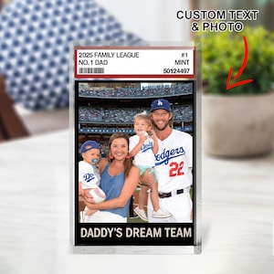 Placa de acrílico personalizada con foto familiar, estilo tarjeta coleccionable, regalo para el Día del Padre, papá del béisbol, esposo, papá n.° 1 en deportes.