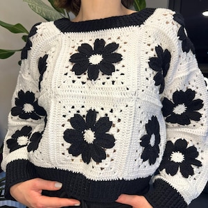 ハンドメイドの黒と白の花柄かぎ針編みセーター、ヴィンテージ風ニットボヘミアントップス、心地よい冬のファッション、デイジー、レディースファッション、バレンタインデー