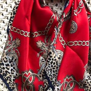 Luxurious Leopard Chain Print Red Mulberry Silk Scarf - Versatile Headwrap, Bandana, Neck Accessory