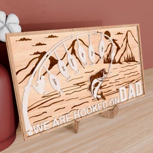 Personalized Fish Name Sign Hooked on Dad, Fishing Father&#39;s Day Gift for Him, Fishing Gift for Dad, Fisherman Gift from Children, Glowforge
