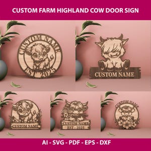 Rustikales Highland Kuh Familie Zeichen SVG | Bauernhof Tier Türschild Türschild | Laser geschnittene digitale Datei für Home Decor