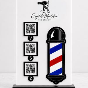 QR-Code-Thekenschild für Friseursalons | Individuelles Acryl-Display: Scannen zum Bezahlen & Folgen