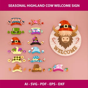 Interchangeable Cow Sign SVG | Seasonal Hat Swap Wood Decor | Farmhouse Laser Cut Wall Art File | Digital File