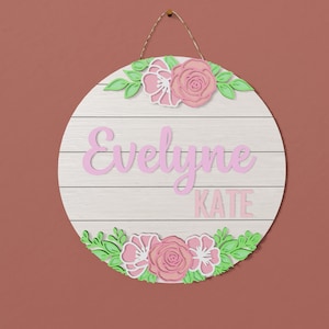 Bundle Nursery Round Sign Svg, Glowforge, Nursery Sign Svg, Round Sign Design, Name Sign Svg, Digital File, Nursery Name Layered Floral Svg