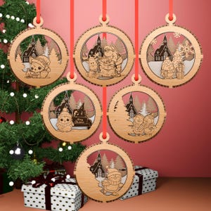 Bundle of 3D Christmas Ornaments, Tree Decorations Craft Set, Hanging Bauble with Snowy Scene, New Year Laser Cut Digital Download