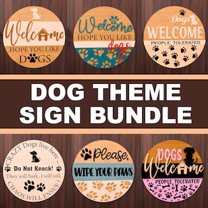 Dog Welcome Sign Laser Cut Bundle, Dog Laser Sign Bundle, Dog Lover Decor, Round Door Hanger, Paw prints, Digital Download, Glowforge File
